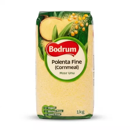 Enhanced Front of Bodrum Polenta Fine Cornmeal 1kg bag displaying branding and features