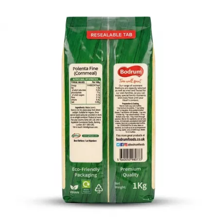 Enhanced Back view of Bodrum Polenta Fine Cornmeal 1kg bag showing nutrition and ingredients