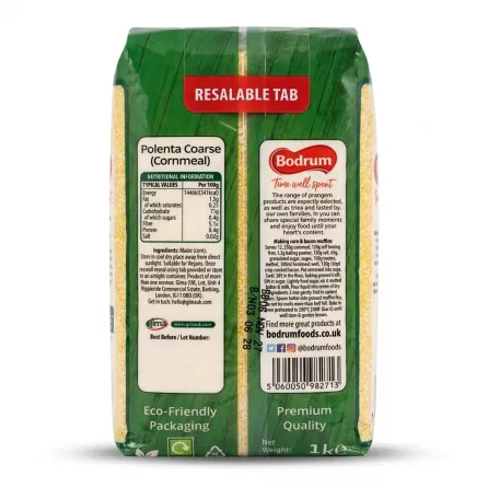 Enhanced Back of Bodrum Polenta Coarse Cornmeal packaging with nutritional and ingredient details
