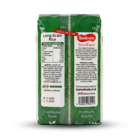 Enhanced Back of Bodrum Long Grain Rice 1kg pack with nutritional values and preparation instructions