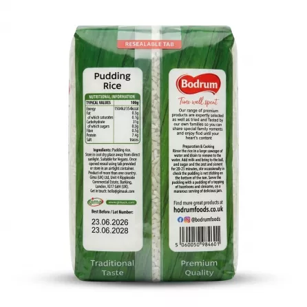 Enhanced Back of Bodrum Pudding Rice bag with nutritional information and preparation instructions