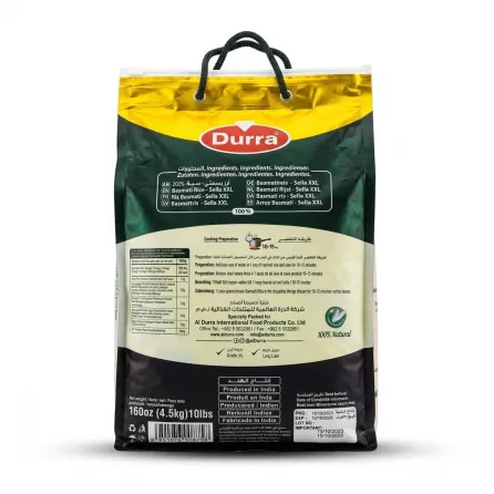 Enhanced Back of Durra Indian Basmati Rice Sella XXL 4.5kg bag showing ingredients and cooking instructions