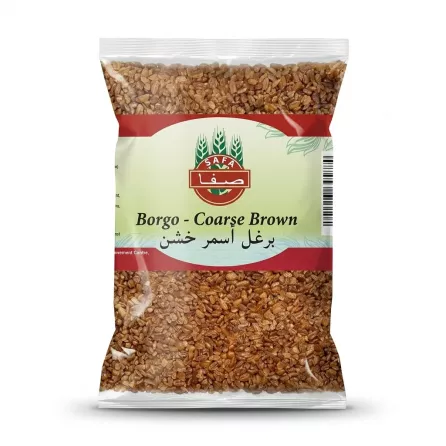 Enhanced Front view of Safa Borgol Coarse Brown 800g pack held in hand