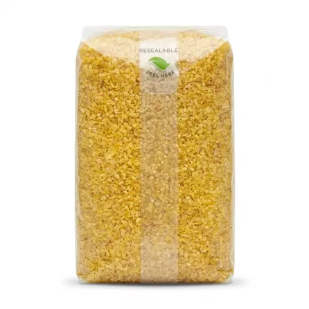 Safa Borgol Medium Coarse White Bulgur shown in clear, resealable packaging with visible grains and professional lighting against a white background.