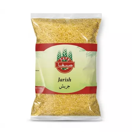 A 1:1 professional e-commerce product photograph features a clear plastic bag of Safa Jarish Cracked Wheat (800g), centered against a pure white background. The packaging is free of any tags or stickers, showing the central logo and text in perfect focus with soft, even studio lighting.