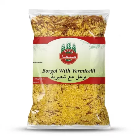A 1:1 professional e-commerce product photograph features a clear plastic bag containing Safa Borgol With Vermicelli, centered on a pure white background. The pack shows a mix of golden coarse bulgur and toasted vermicelli strands. It has a distinctive white and red label with wheat ear illustrations, the text "SAFA" in a red arch, and "Borgol With Vermicelli" above "برغل مع شعيرية" in green. The product fills the frame, showcasing the grain texture under sharp, even studio lighting with soft, balanced shadows.