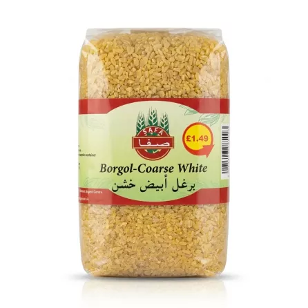 A 800g clear plastic package of Safa Borgol-Coarse White bulgur wheat, showing the textured yellow grains inside. The red and green label clearly displays the brand name, product name in English and Arabic, and a £1.49 price. The product is centered and sharply focused on a clean white background with a soft, even shadow.