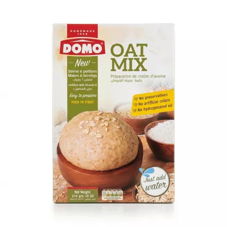 Enhanced Front of DOMO Oat Mix box with product features