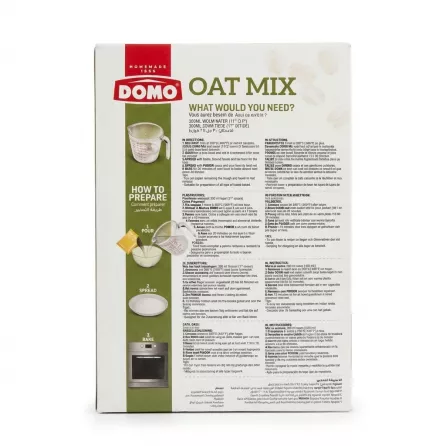 Here is your professional e-commerce product photo. **ALT-TEXT**: The back of a DOMO Oat Mix box against a seamless white background. It details preparation instructions and required ingredients in multiple languages, accompanied by step-by-step cooking icons.