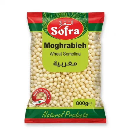 Enhanced Front view of Sofra Moghrabieh Wheat Semolina 800g package