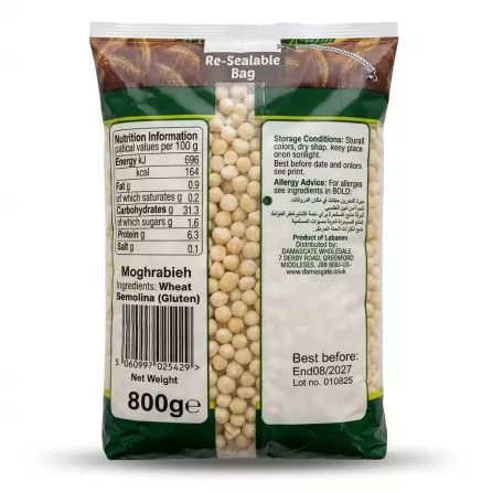 A professional 1:1 e-commerce photograph showing the back of an 800g bag of Sofra Moghrabieh Wheat Semolina against a clean white background. It features clear nutritional information, an ingredients list in English and Arabic, and product details.