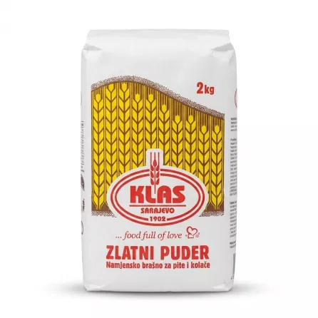 Enhanced Klas Zlatni Puder 2kg flour pack held in hand