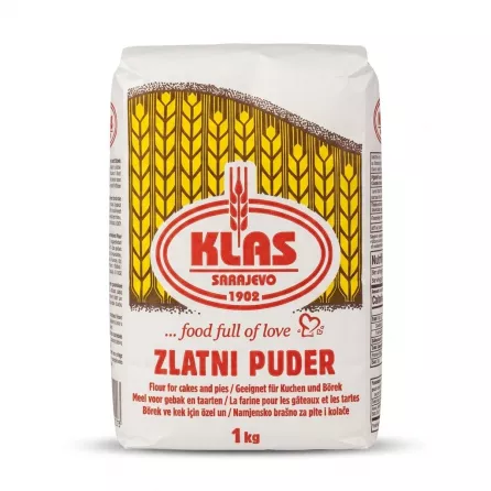 A 1kg package of Klas Zlatni Puder wheat flour, specific for cakes and pies, is centered against a clean white background. PRODUCT TITLE: Klas Zlatni Puder Wheat Flour PREFERENCES: - Aspect ratio: 1:1 {image}
