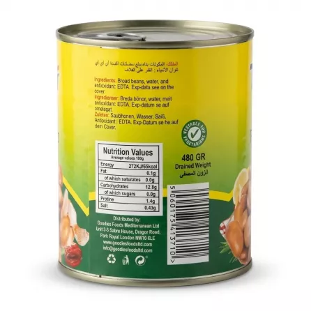 Enhanced Teeba Large Fava Beans 800g nutritional information and barcode