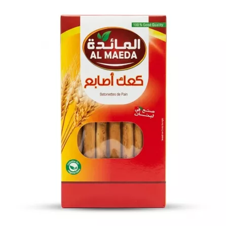 Enhanced Front of Al Maeda Bread Sticks box in Arabic with breadsticks showing