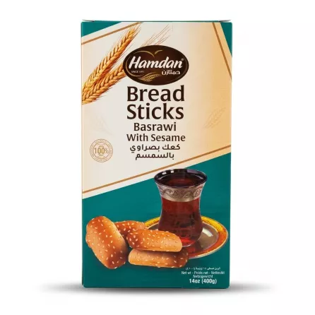 Enhanced Front of Hamdan Bread Sticks Basrawi With Sesame 400g box