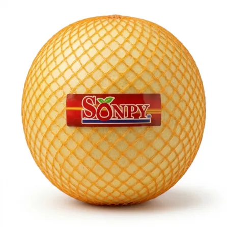 Enhanced Enhanced Sonpy branded honeydew melon with barcode and orange mesh