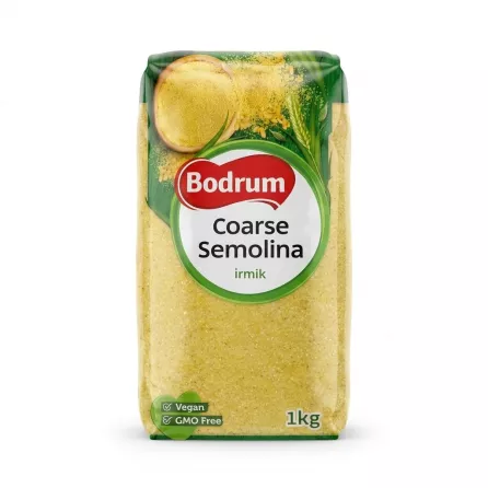 A high-resolution product photograph of the 1kg pack of Bodrum Coarse Semolina on a white background.