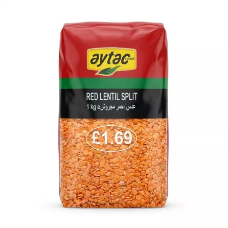 Enhanced Front of Aytac Red Lentil Split 1kg pack with price label