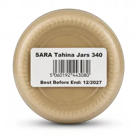 Enhanced Bottom of SARA Tahina jar showing barcode and best before date label