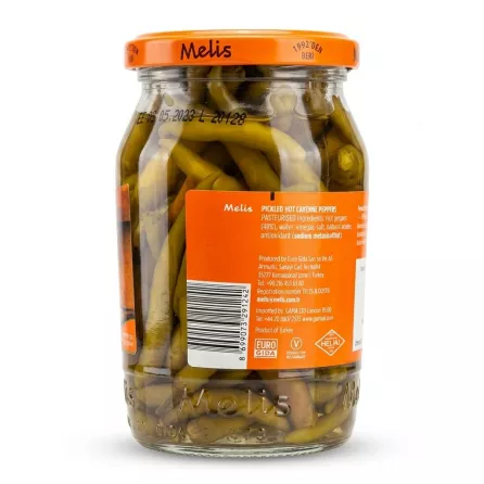 Enhanced Back label of Melis Pickled Cayenne Peppers jar showing ingredients and barcode