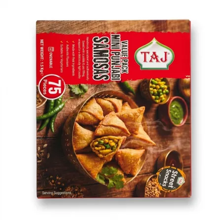 Enhanced Front of TAJ Mini Punjabi Samosas Value Pack box showing 75 pieces.