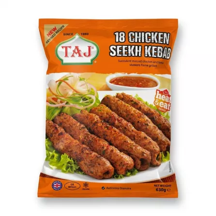 Enhanced Front of TAJ 18 Chicken Seekh Kebab packaging showing grilled kebabs and product details