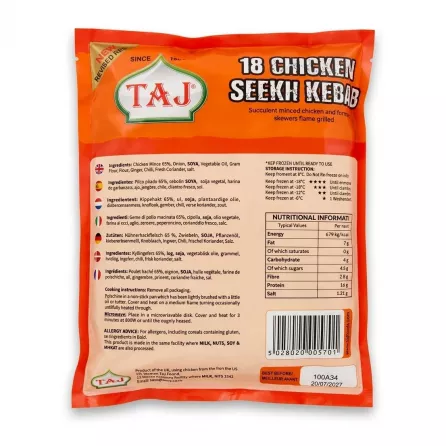 Enhanced Back of TAJ 18 Chicken Seekh Kebab packaging with ingredients, nutrition facts, and barcode visible