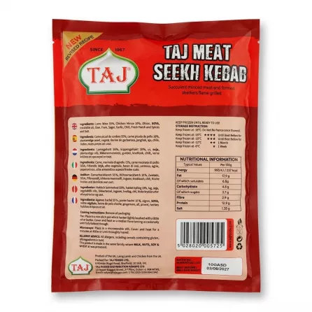 Enhanced Back of TAJ 18 Meat Seekh Kebab 630g pack with ingredients, instructions, nutrition, and barcode