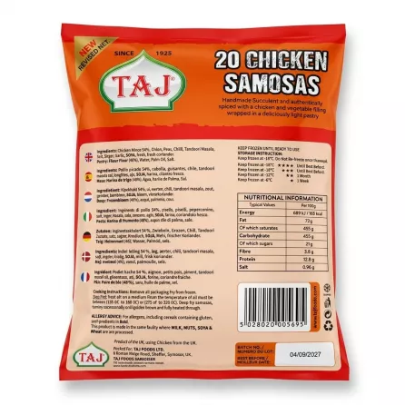 Enhanced Back view of TAJ Chicken Samosas packaging showing ingredients, nutrition facts, and barcode