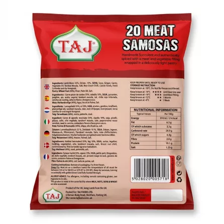 Enhanced Back of TAJ 20 Meat Samosas pack with ingredients, nutritional information, and barcode