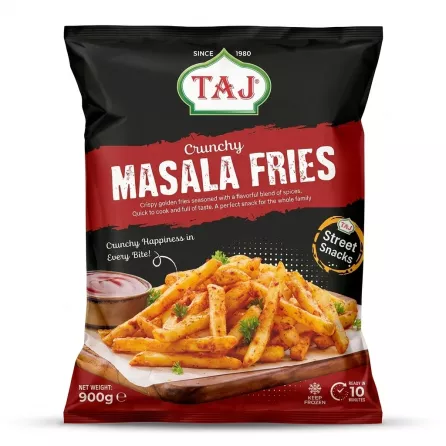 Enhanced Front view of TAJ Crunchy Masala Fries 900g packaging