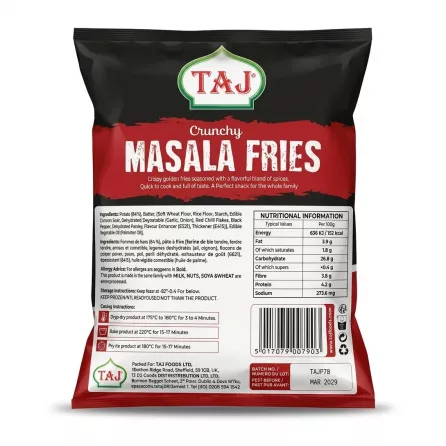 Enhanced Back view of TAJ Crunchy Masala Fries 900g pack showing ingredients and nutrition facts