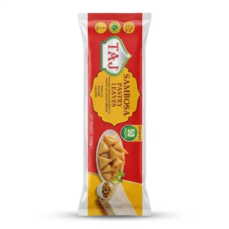 Enhanced Front of TAJ Sambosa Pastry Leaves 50 Sheets 500g pack