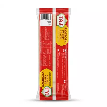 Enhanced Back of TAJ Sambosa Pastry Leaves 50 Sheets pack with barcode and ingredients