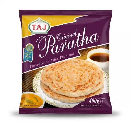 Enhanced TAJ Original Paratha frozen flatbread pack with plate of paratha served