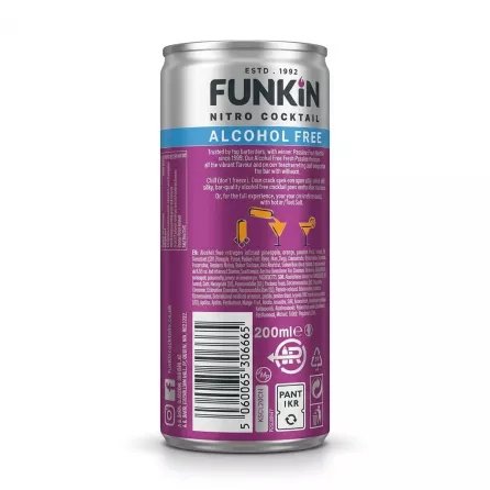 A professional 1:1 e-commerce product photo showing the back of a 200ml Funkin Alcohol Free Passion Fruit Martini nitro cocktail can, displaying detailed ingredients and a clear barcode against a clean white background.