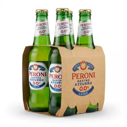Enhanced Angled open view of the four Peroni Nastro Azzurro 0.0% bottles inside cardboard packaging