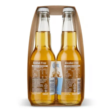 Enhanced Back view of Corona Cero 4x330ml glass bottles in cardboard holder