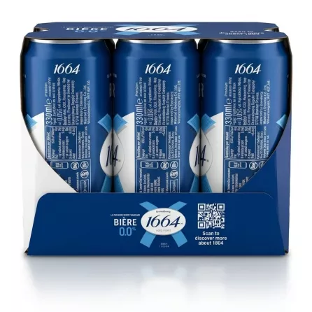 Enhanced Back view of Kronenbourg 1664 0.0% 6-pack showing nutritional info