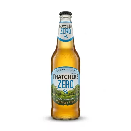 Enhanced Front of Thatchers Zero Somerset Cider 500ml bottle held in hand