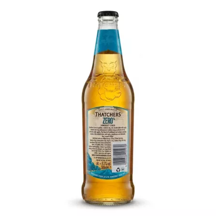 Enhanced Back label of Thatchers Zero Somerset Cider bottle showing ingredients and nutritional info