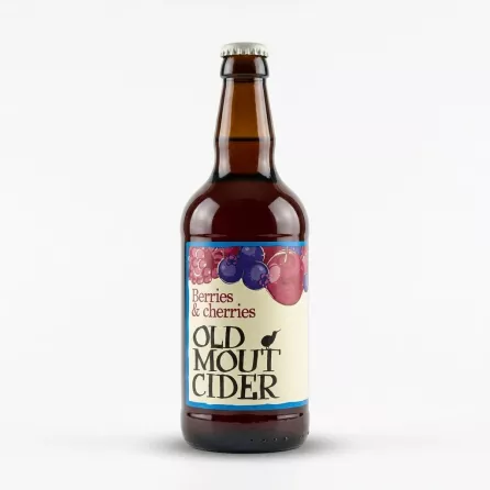 Enhanced Front of Old Mout Cider Alcohol Free Berries & Cherries 500ml bottle held in hand