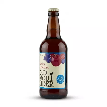 A 500ml glass bottle of Old Mout Berries & Cherries Alcohol Free Cider against a white background, featuring a blue circular 'ALCOHOL FREE' stamp on its label. { "product": "Old Mout Berries & Cherries Alcohol Free Cider 500ml", "main_image": "image_1.png" }