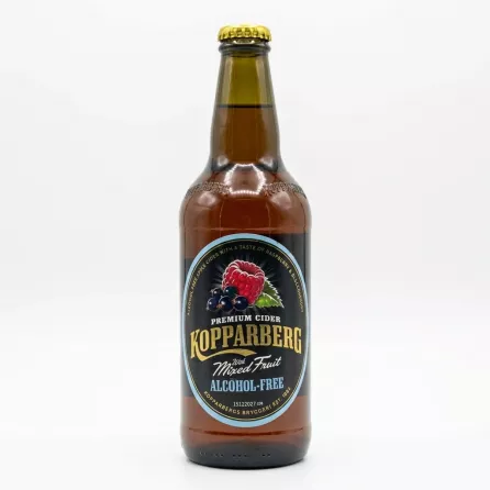 Enhanced Front of Kopparberg Mixed Fruit Alcohol-Free Cider 500ml bottle held in hand