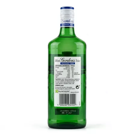 Enhanced Back label of Gordon's Alcohol Free 0.0% 70cl bottle with ingredients and barcode