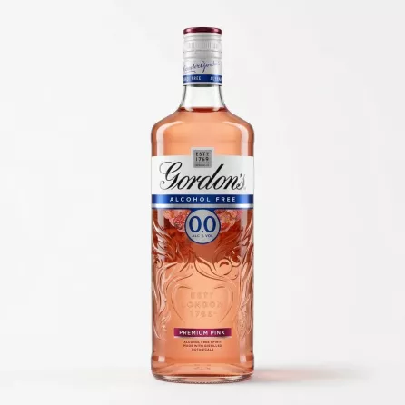 Enhanced Front of Gordon's Alcohol Free Premium Pink 70cl bottle held in hand