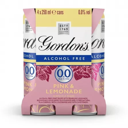 Enhanced Front of Gordon's Alcohol Free Pink & Lemonade 4x250ml multipack