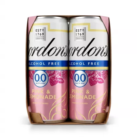 Enhanced Top view of Gordon's Alcohol Free Pink & Lemonade 4x250ml showing cans