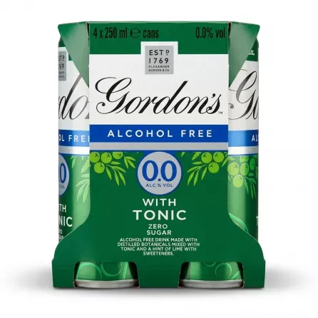 A 4-pack of Gordon's Alcohol Free with Tonic 0.0% Vol 250ml cans, showing the green and white cardboard packaging, presented in a clean 1:1 format.